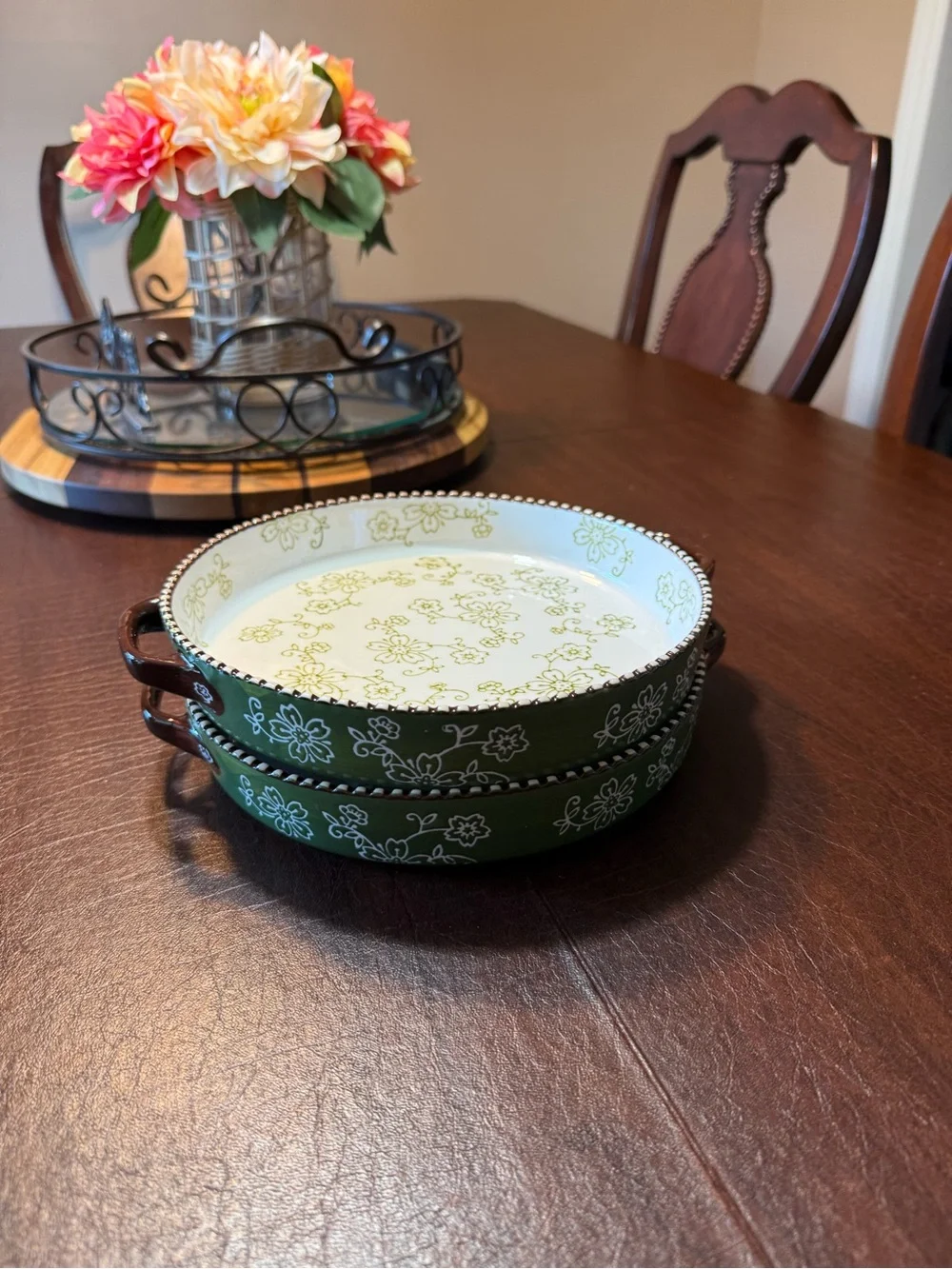 Avla 2 pack ceramic pie pan, 9 inch round baking dish with double green